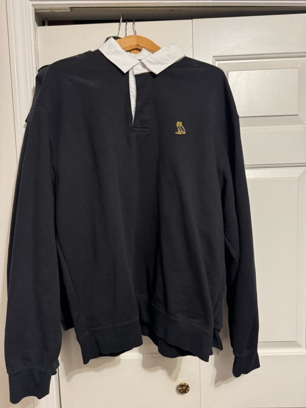 OVO Black Rugby Sweater with White Collar and Gold Owl Logo